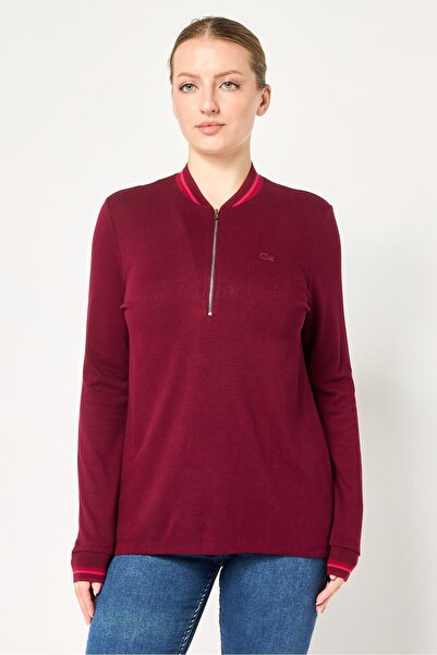 Lacoste Women Baseball Collar Brand Logo Long Sleeve Sweatshirt, Maroon