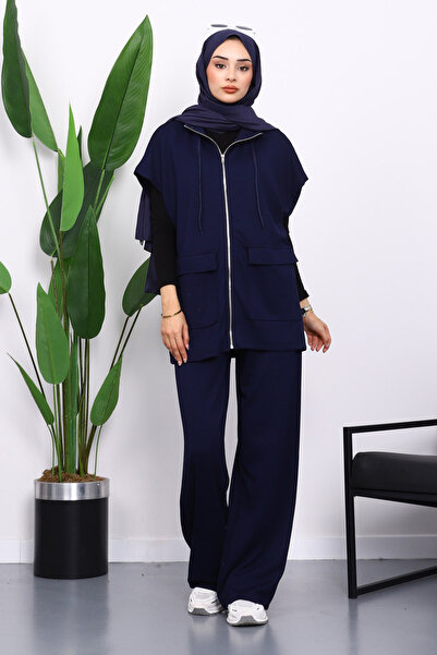 İmajButik Navy Blue Zippered Double Pocket Modal Vest Trouser Suit