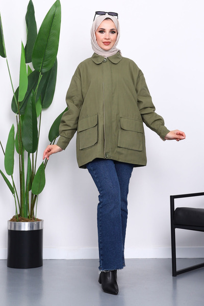 İmajButik Khaki Pocket Detailed Zippered Gabardine Jacket