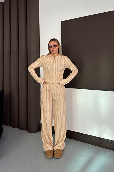 Siner Fashion Women's Beige Reverse Stitch Detailed Hooded Cardigan Wide Leg Pants Set