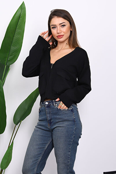 İmajButik Black Double Pocket Zippered Knitwear Cardigan