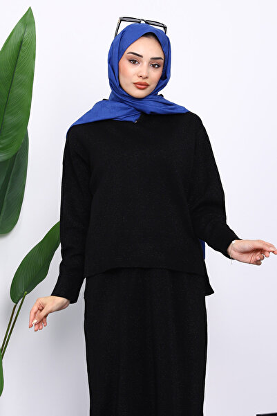 İmajButik Μαύρο πουκάμισο με γιακά πλεκτό κοστούμι με φούστα