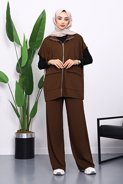 İmajButik Brown Zippered Double Pocket Modal Vest Trouser Suit