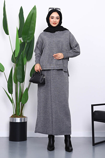 İmajButik Smoked Shirt Collar Knitwear Skirt Set