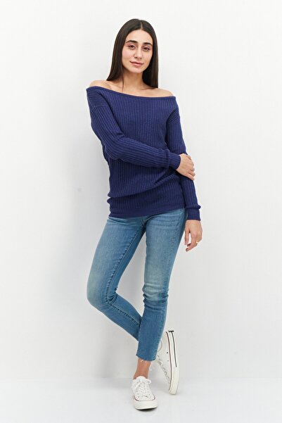 BOOHOO Women Boat Neck Long Sleeves Textured Sweater, Navy Blue