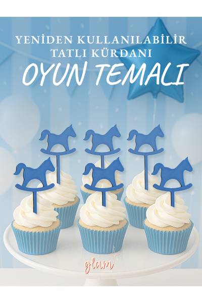 GLAM DEKORASYON Mavi Sallanan At Oyun Temalı 6lı Yeniden Kullanılır Pasta Kür...