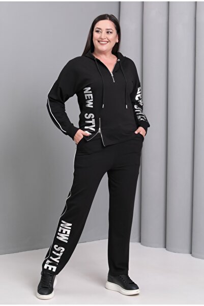 Şans Women's Plus Size Black, Half Placket Zipper, Print Detail Tracksuit Set 65N39226