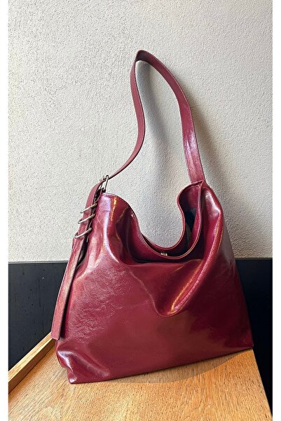 na nura collection Bordo Kadın Yumuşak Deri El Ve Omuz Çantası