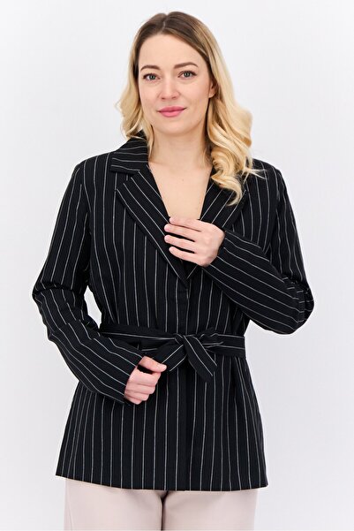 Heartbreak Women Regular Fit Striped Belted Blazer, Black