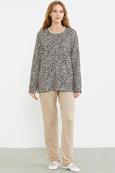 Sementa 76413 Women's Beige Leopard Patterned Comfortable Fit Pajama Set