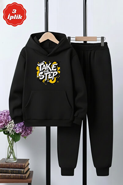 panios kids 3 İplik Winter Ş Fleece-Lined Take the Step Print Detailed Boys' Tracksuit Set