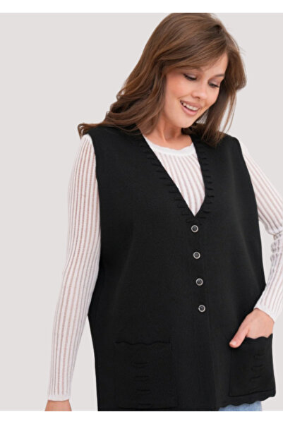 Stilmony Women's Mother Plus Size Knitwear Plain Model V-Neck Vest