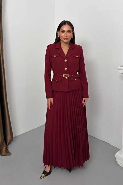 spirituel Women's Two-Piece Top and Bottom Set Belted Pocket Button Detail Blazer Jacket Pleated Long Skirt Set