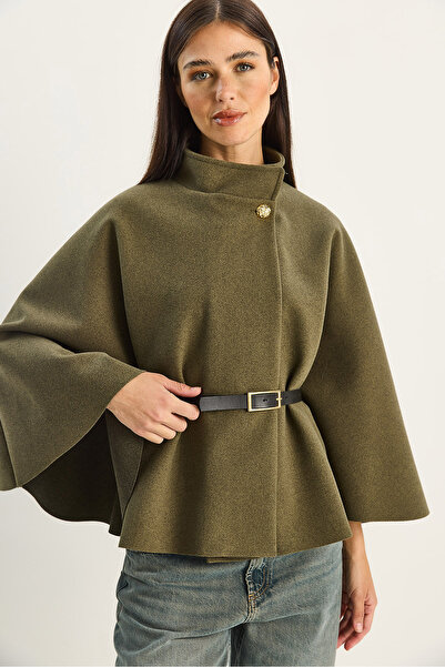 Bianco Lucci Γυναικείο πόντσο με χρυσό κουμπί με λεπτομέρεια και ζώνη 2712 60261570