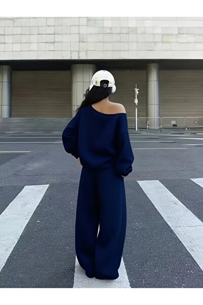 LOUİSA Women's Navy Blue Boat Neck Ribbed 84 Printed Sweatshirt-Navy Blue Loose Fit Comfortable Tracksuit Set