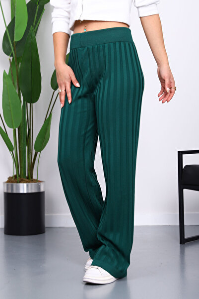 İmajButik Emerald Green High Waist Corded Fabric Wide Leg Knitwear Trousers