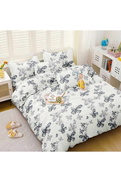 CumparaMisim Double bed linen with elastic satin cotton, White, butterflies