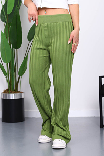 İmajButik Oil Green High Waist Corded Fabric Wide Leg Knitwear Trousers