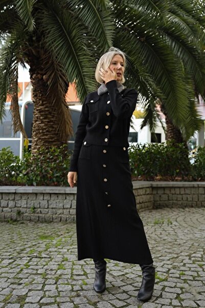 Noi Cardigan and Skirt Set with Fur Collar