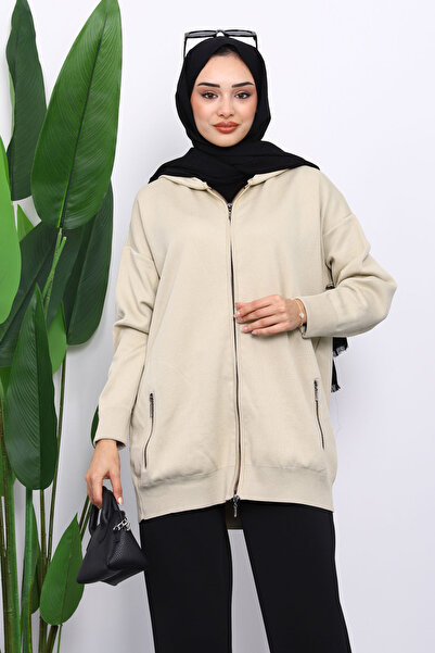 İmajButik Beige Double Pocket Zippered Knit Cardigan