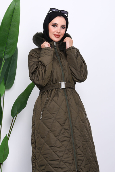 İmajButik Khaki Hooded Quilted Long Puffer Jacket