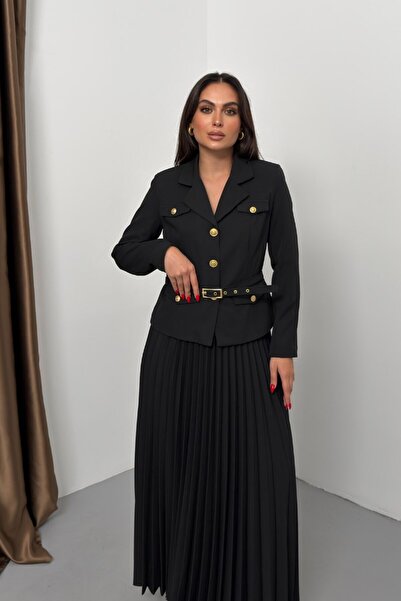 spirituel Women's Two-Piece Top and Bottom Set Belted Pocket Button Detail Blazer Jacket Pleated Long Skirt Set