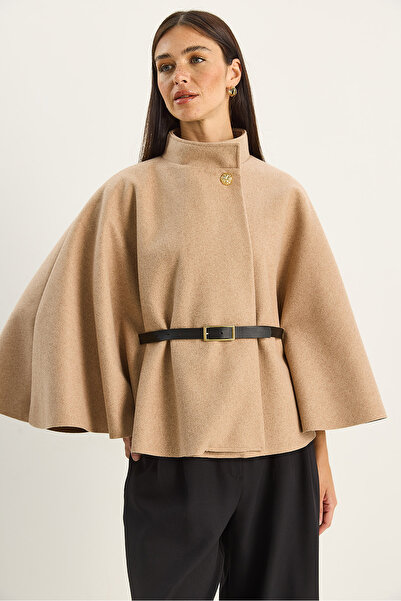 Bianco Lucci Women's Gold Button Detailed Belted Poncho 2712 60261570