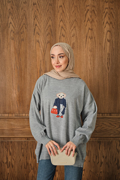 LOCCO Жіночий трикотажний комплект з вишивкою ведмедиком, сірий