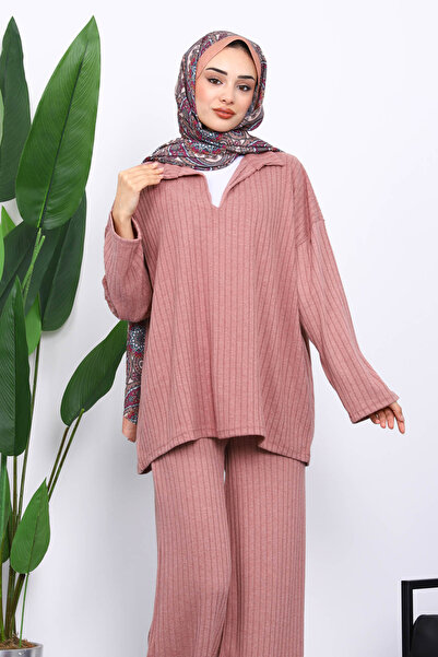 İmajButik Gul Kurusu Ribbed Knit Tunic Trouser Suit