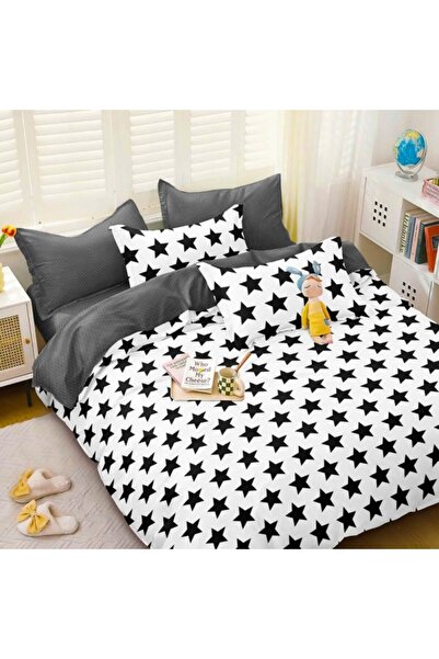 CumparaMisim Double bed linen with elastic satin cotton, White, Gray, stars