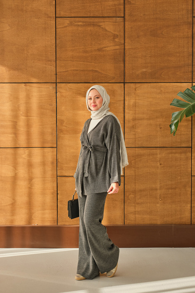 LOCCO Women's Waist-Tie Kimono Set Gray