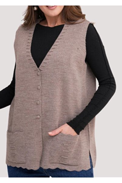 Stilmony Women's Mother Plus Size Knitwear Plain Model V-Neck Vest