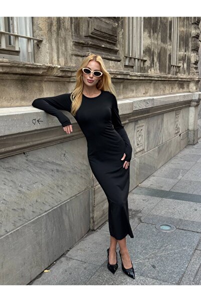 cemo Evening Dress Long Sleeve Fit Mold Dress Round Neck Stretch Fabric Fabric Midi Length