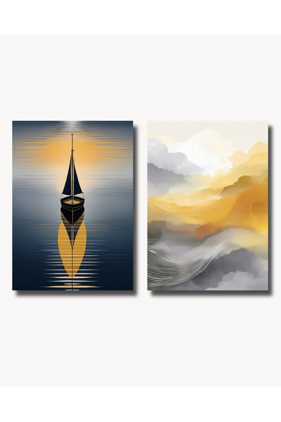 Rosaart Çerçevesiz Poster 2'li Set, Soyut Gün Batımı ve Yelkenli Tekne Temalı...