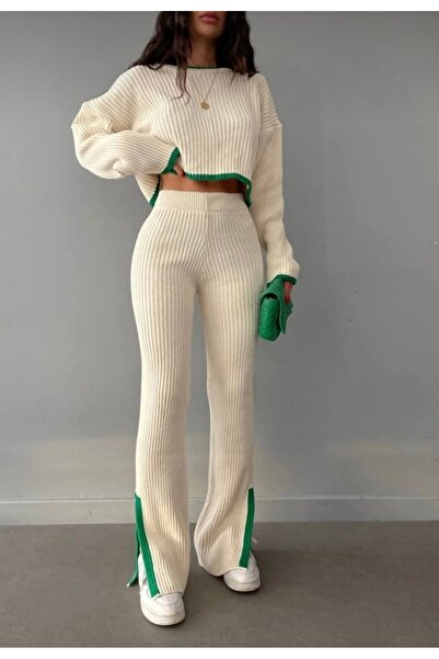 Sempre Women's Striped Slit Detailed Knitwear Set