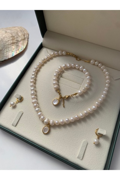 JOVİ ATELİER 45cm Sertifikalı Doğal İnci Kolye Bileklik Küpe Set - Oval Charm...