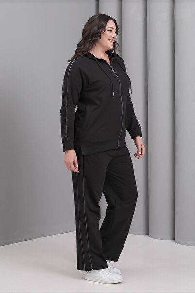 Şans Women's Plus Size Black, Piped Detail , Hooded Tracksuit Set 65N39229