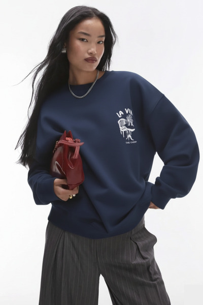 The Champ Clothing Φούτερ Unisex Navy Blue Crew Neck Dolce Casa με τύπωμα 3 Thread Ş επένδυση fleece Oversize