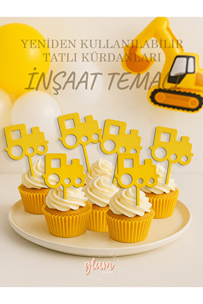 GLAM DEKORASYON İş Makineleri İnşaat Temalı Sarı 6lı Yeniden Kullanılır Pasta...