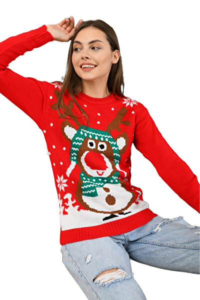 embody Women's knitted jumper, print Merry Rudolf Christmas, red, universal size