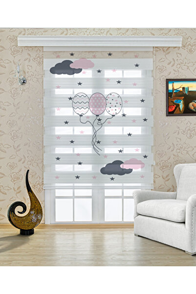 Genel Markalar Çocuk odası – Pembe Bulut ve Çiçek Desenli Zebra Perde – YZN-235