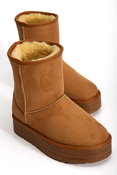 OLA Orta Boy Taba Süet İçi Kürklü Kalın Taban Kadın Bot