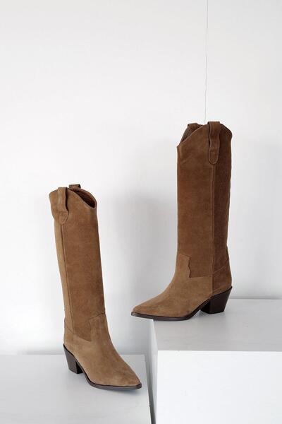 FSKOMBİN Enva Camel Suede Genuine Leather Women's Short Heeled Boots