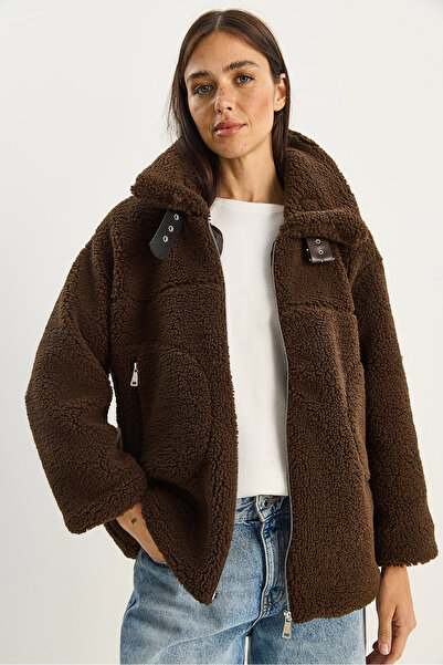 Bianco Lucci Women's Plush Coat with Belt Detail and Lined Pockets 2635 60281122