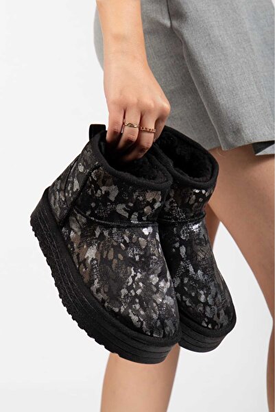 OLA Mini Siyah Süet İçi Kürklü Kalın Taban Kamuflaj Desenli Kadın Bot