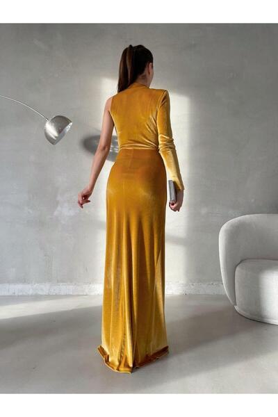 Modafeminen Dik Yaka Taş Detaylı Yırtmaçlı kadıfe Abiye Elbise 582310 SARI
