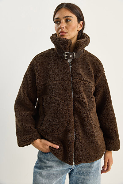 Bianco Lucci Women's Plush Coat with Belt Detail and Lined Pockets 2635 60281122