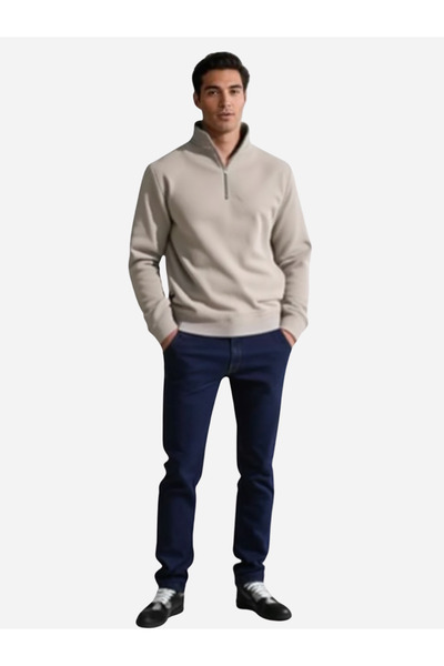 Unisex Relax Fit Rahat Kesim Pamuklu İçi Polarlı Yarım Fermuarlı Dik Yaka Sweatshirt