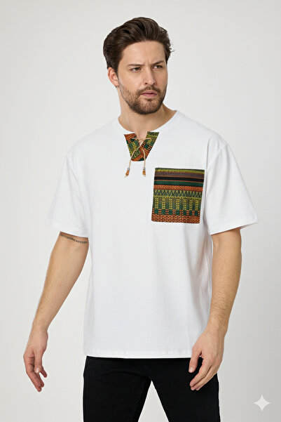 rammers Half V Neck Lace-Up Short Sleeve Bohemian T-Shirt Ethnic Pattern