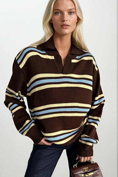 Maxi modena Striped Polo Neck Brown Knit Sweater